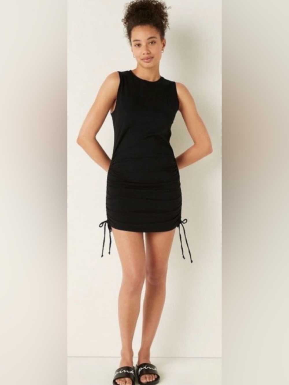NWT! Victoria's Secret PINK Terry Cloth Mini Dress Black Ruched Sides